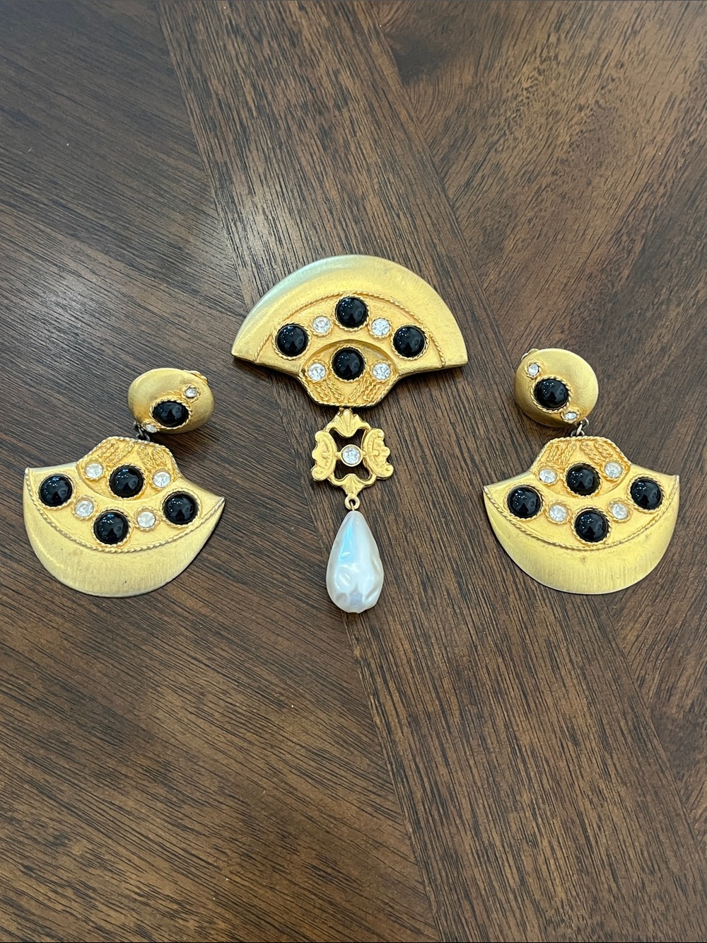 Gold-Tone Fan Brooch and Earring Set